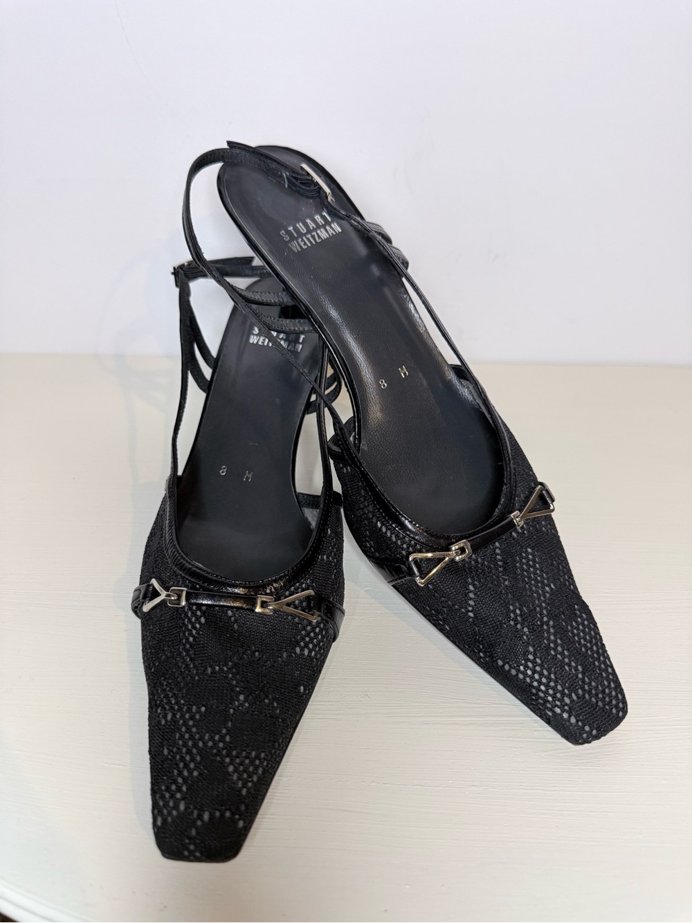Stuart Weitzman Black Lace Mesh Slingback Pointed Heels with Bow Accent Size 8M
